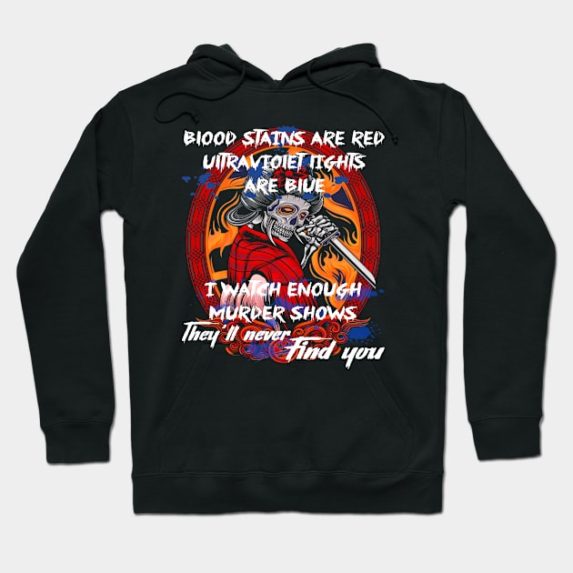 Blood stains are red ultravioiet lights are blue I watch enough murder shows they will never find you Hoodie by Aprilgirls